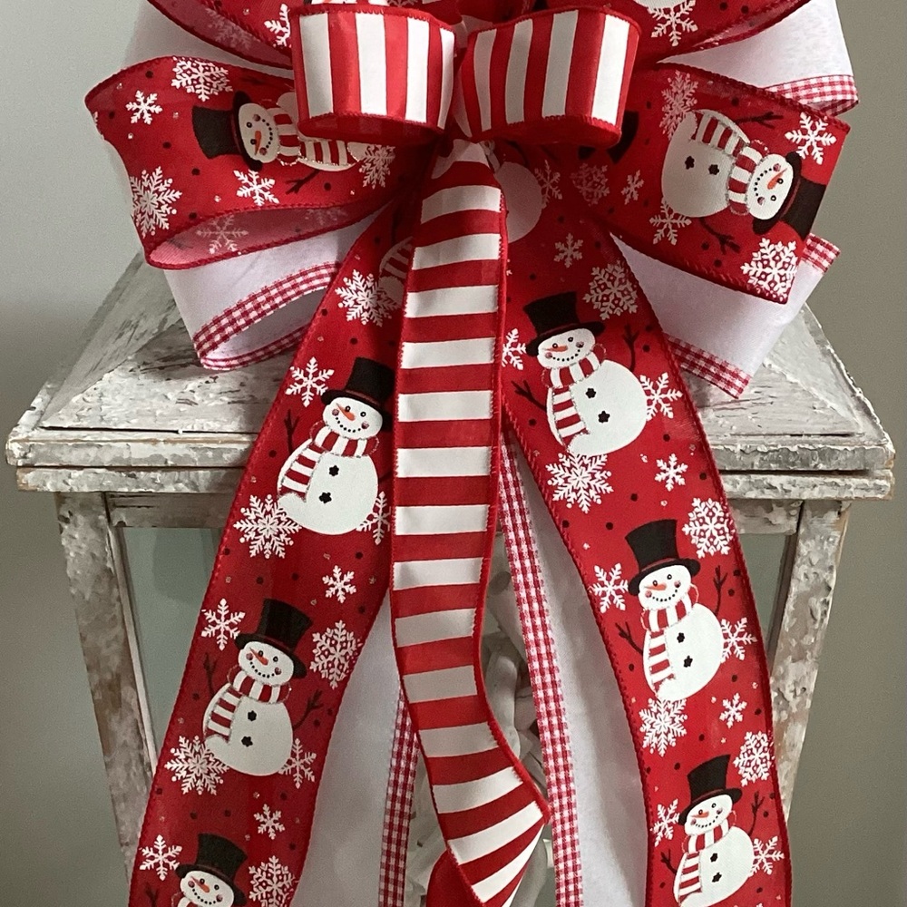 Festive Red And White Snowman Holiday Bow
